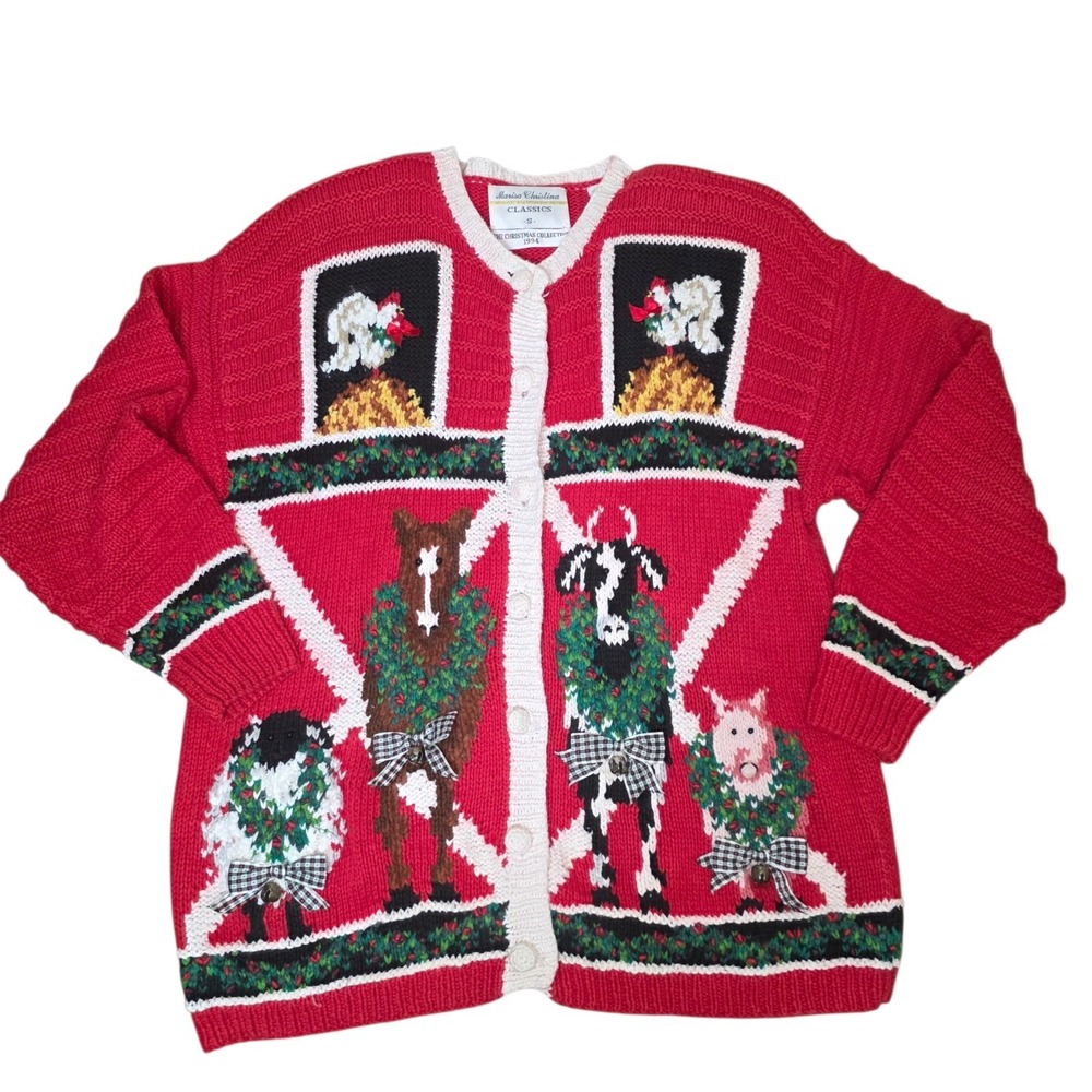 Vintage 1994 Marisa Christina Womens S Christmas Farm Animal Cardigan Sweater